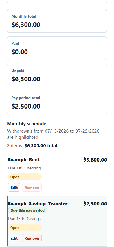 Pay Period Planner monthly withdrawals workflow at a 390 pixel mobile viewport
