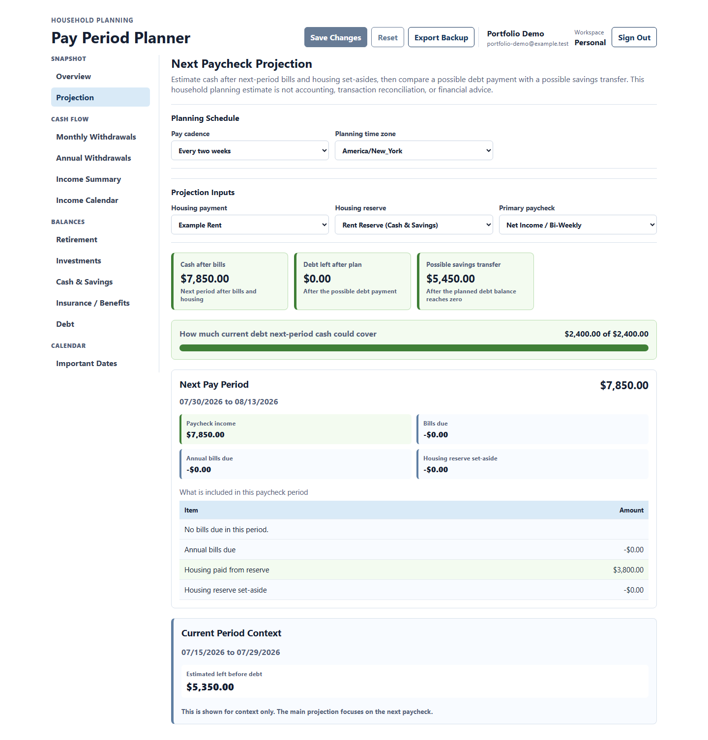 Pay Period Planner next-paycheck projection with planning schedule, selected inputs, and possible allocations